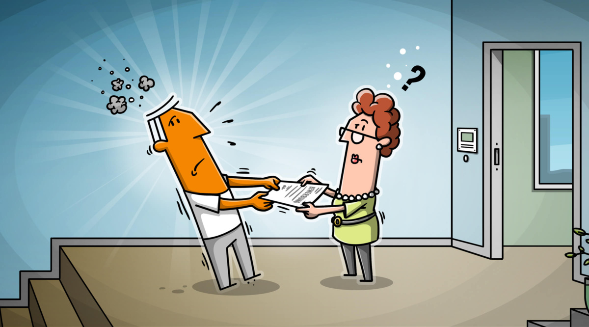 Bewerber versucht seine Bewerbung einer Personalerin aus den Händen zu ziehen. Bewerber versucht seine Bewerbung einer Personalerin aus den Händen zu ziehen.